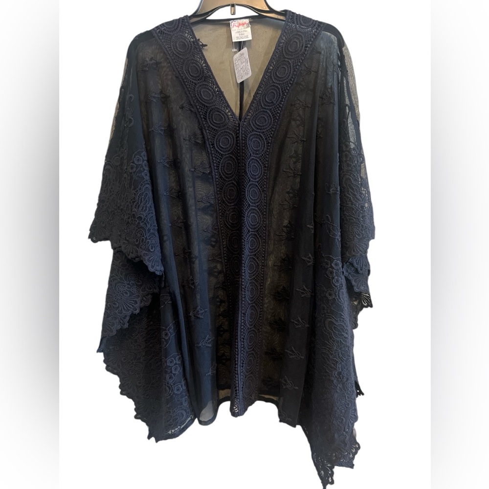 Free People Sheer Black Embroidered Fits All Tunic Top NEW